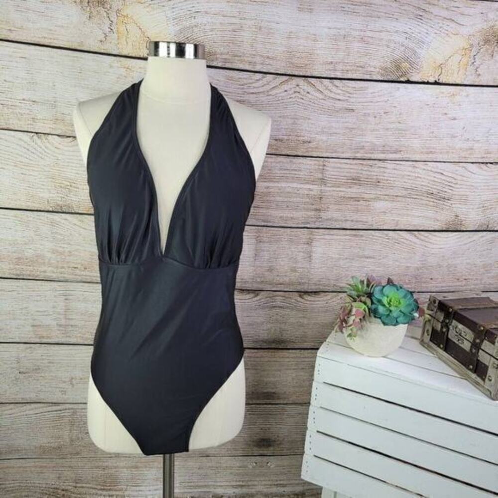 Brave Soul Women's Black Plunge Fitted Halter Swimsuit Size 16 NT